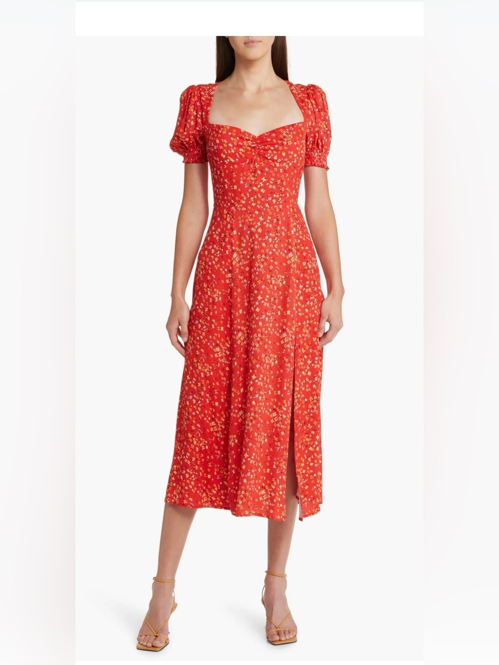 Reformation Lacey Smocked Sleeve Red Floral Midi Dress with Puff Sleeves